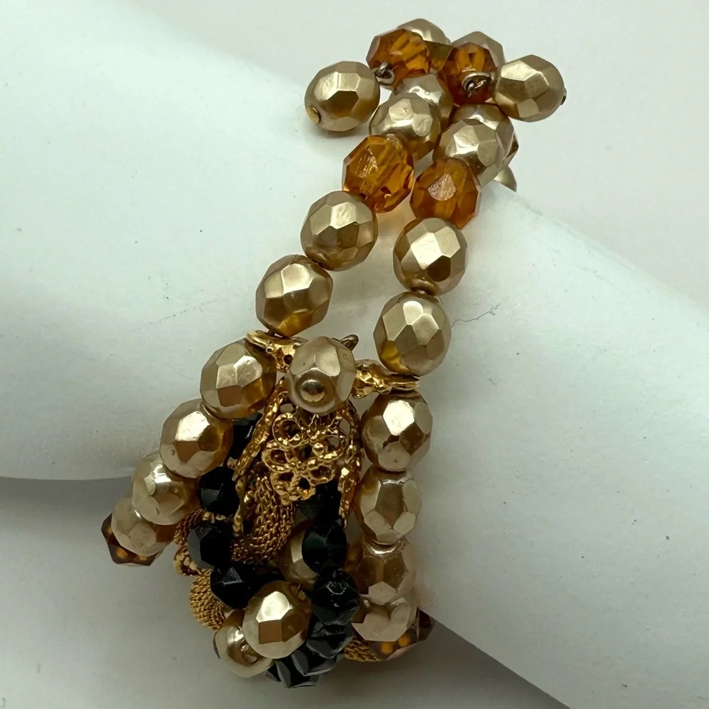 Bohemian Mixed Media Multi-Strand Wire Bracelet Adjustable Glass, AB, Gold Tone